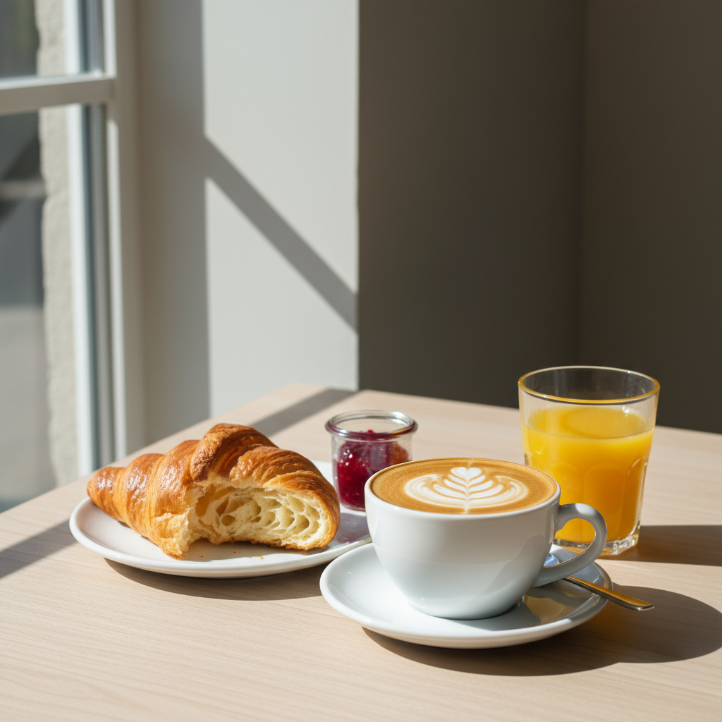 Frühstück mit Specialty Coffee und Croissant